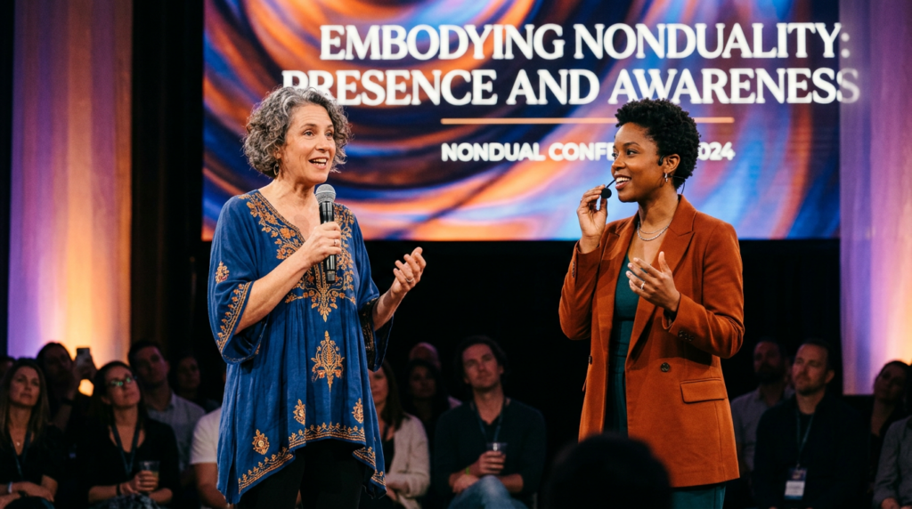 Two women speaking on stage at a nonduality conference with audience
