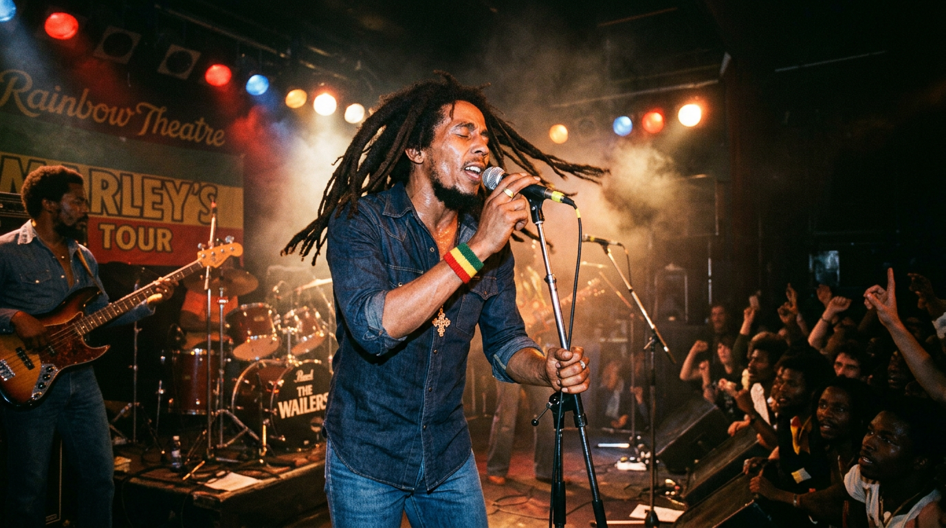 Bob Marley singing into microphone with dreadlocks and wristband on stage with band and cheering crowd