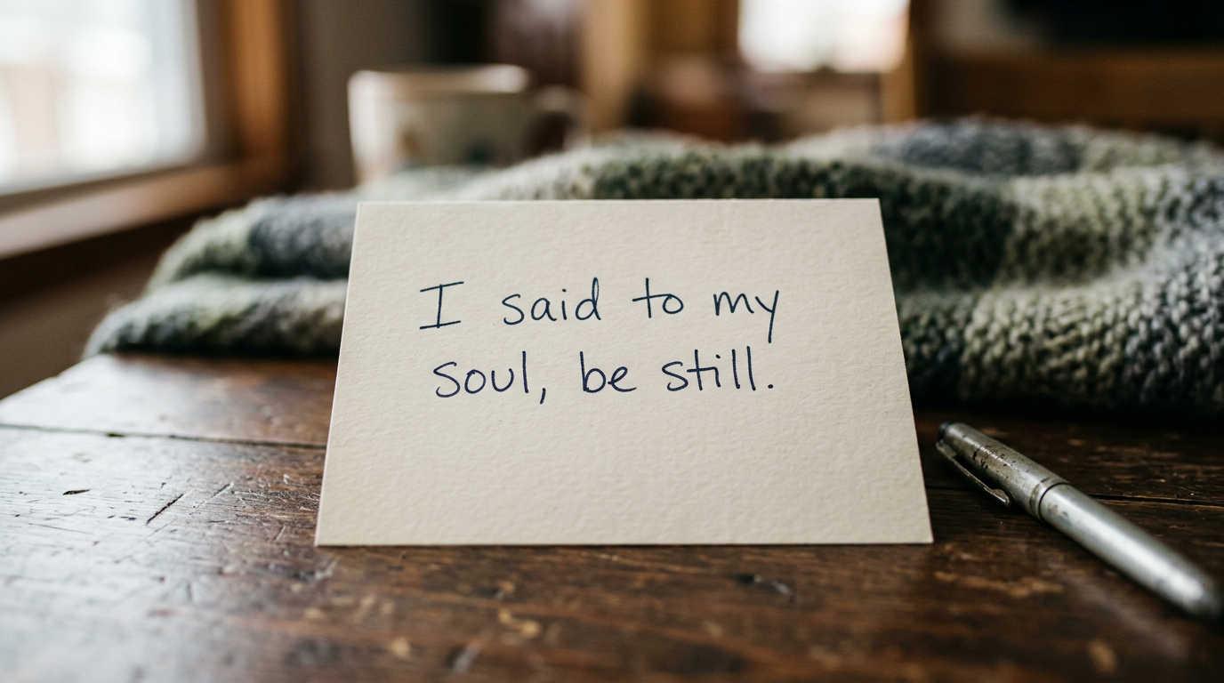 Handwritten note saying 'I said to my soul, be still.' on a wooden table with a pen nearby