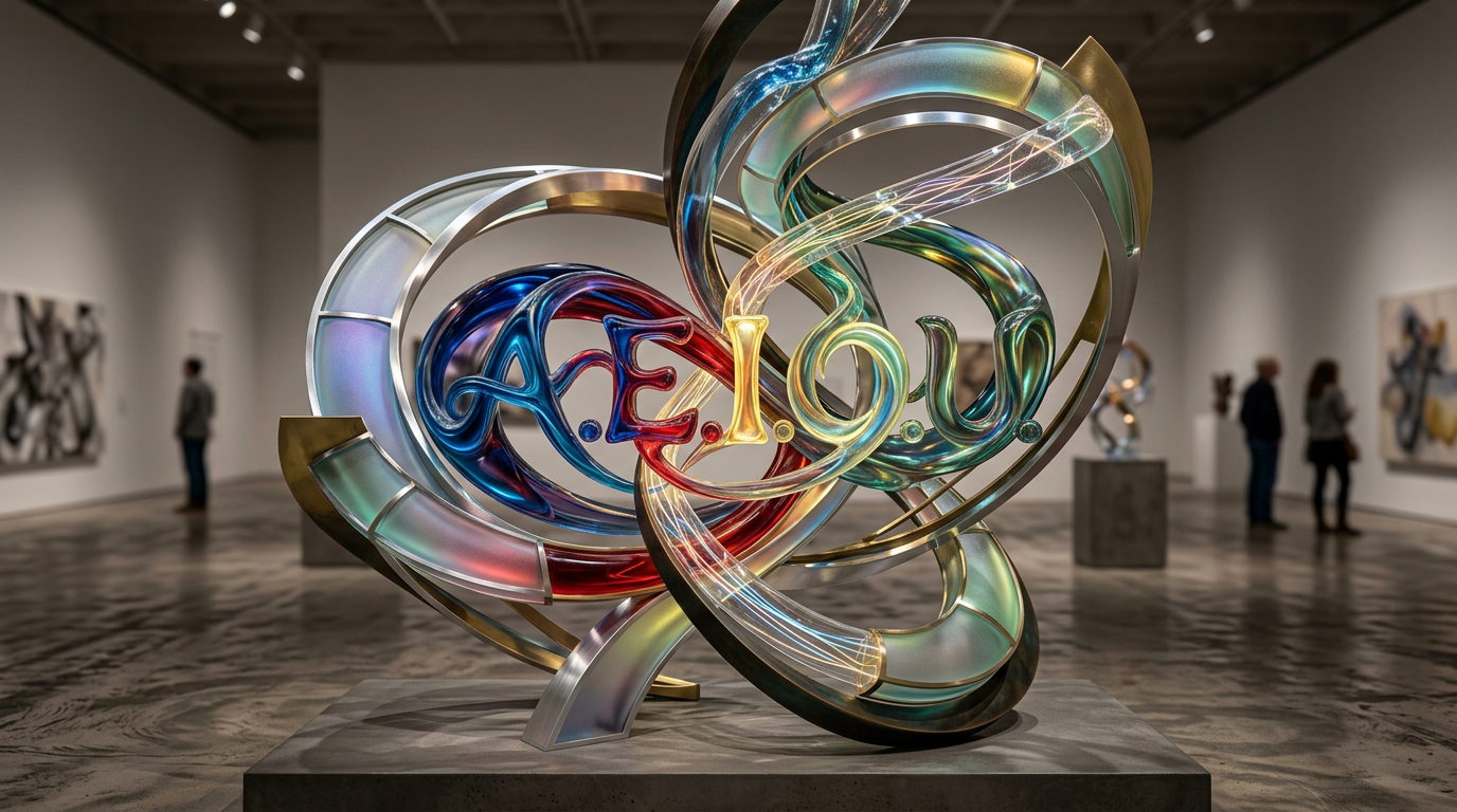 Abstract sculpture with intertwined letters A, E, I, O, U in vibrant colors in gallery space